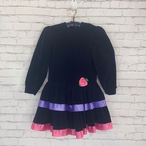 Vintage JO LENE navy blue velvet lace girls dress SZ 6